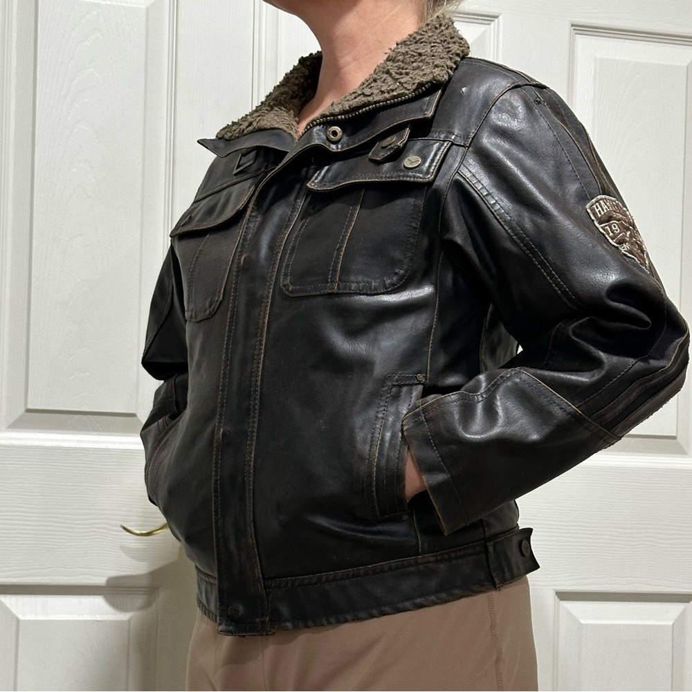 KIDS OR LADY Black Brown Faux Leather Field Jacket Sherpa Collar bomber 10-12 - Picture 3 of 13